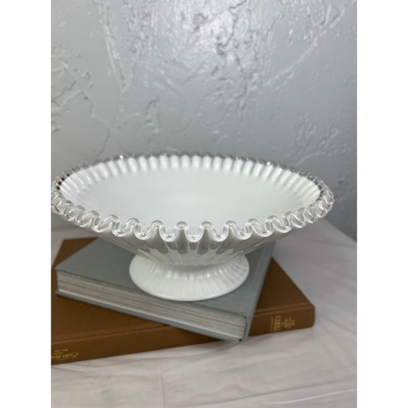 Fenton Silvercrest Bowl Lace Ruffle Edge Footed Bowl Crimped Edge White - Picture 2 of 8